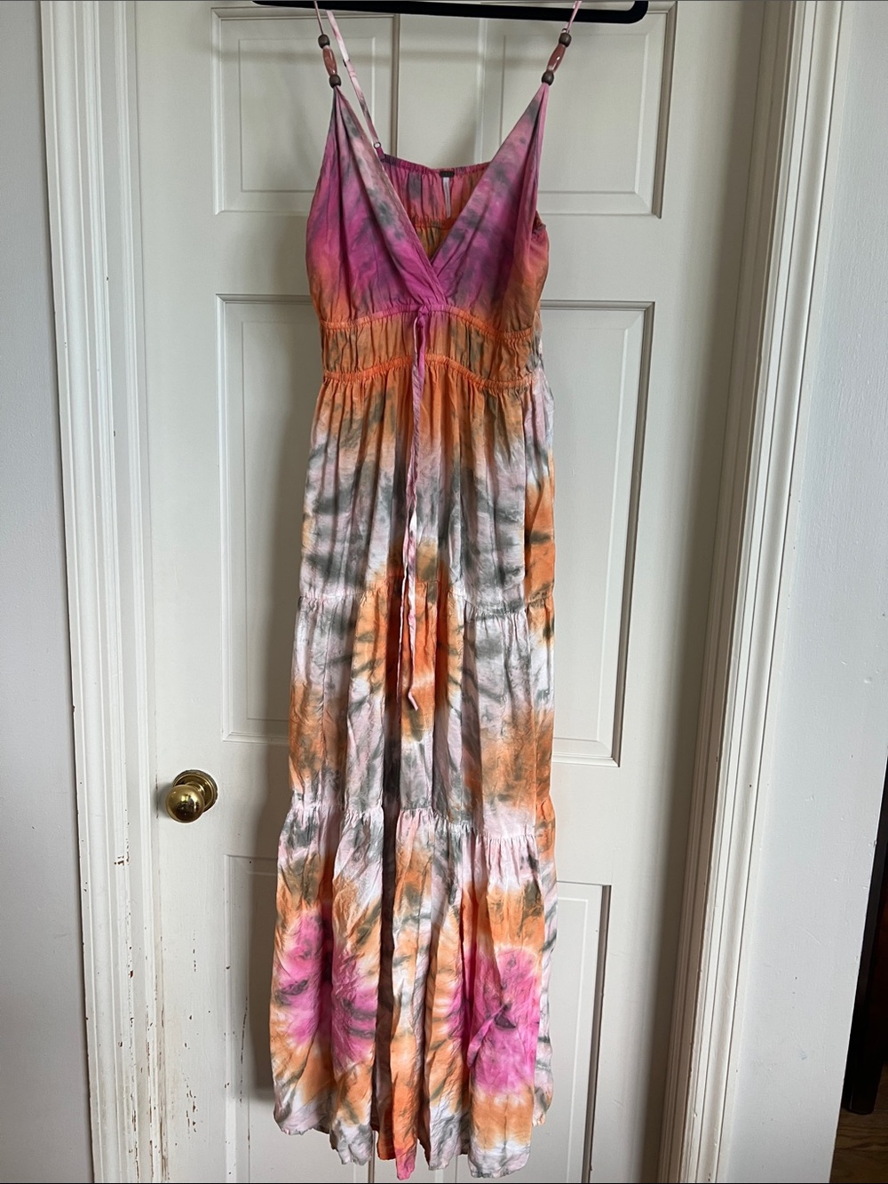 Tie-Dye Pink & Orange V-Neck Maxi Dress with Spaghetti Straps